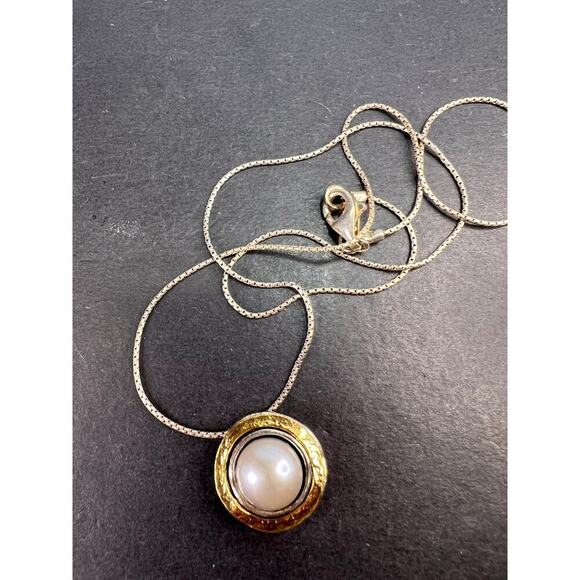 Silver Cultured Pearl With Gold Over 925 sterling silver Necklace - Picture 2 of 11